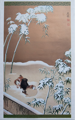 [four puppies playing in snow, bamboo]
 vintage Japanese, Chinese, Asian-themed print